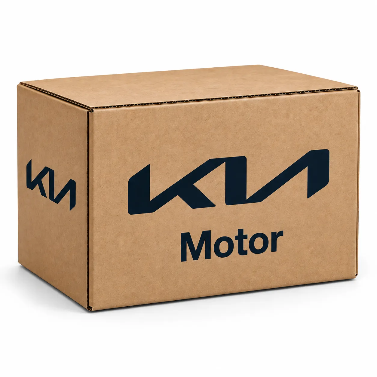 Caixa de papelão kraft Kia original com logotipo da marca e etiqueta 'Motor', fotografia de produto em fundo branco, still life industrial