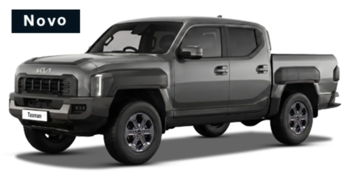 Picape Kia Tasman cinza, vista frontal lateral, fotografia de catálogo automotivo