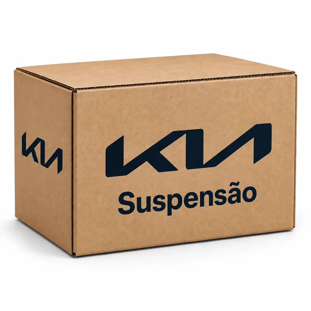Caixa de papelão kraft Kia original com logotipo da marca e etiqueta 'Suspensão', fotografia de produto em fundo branco, still life industrial