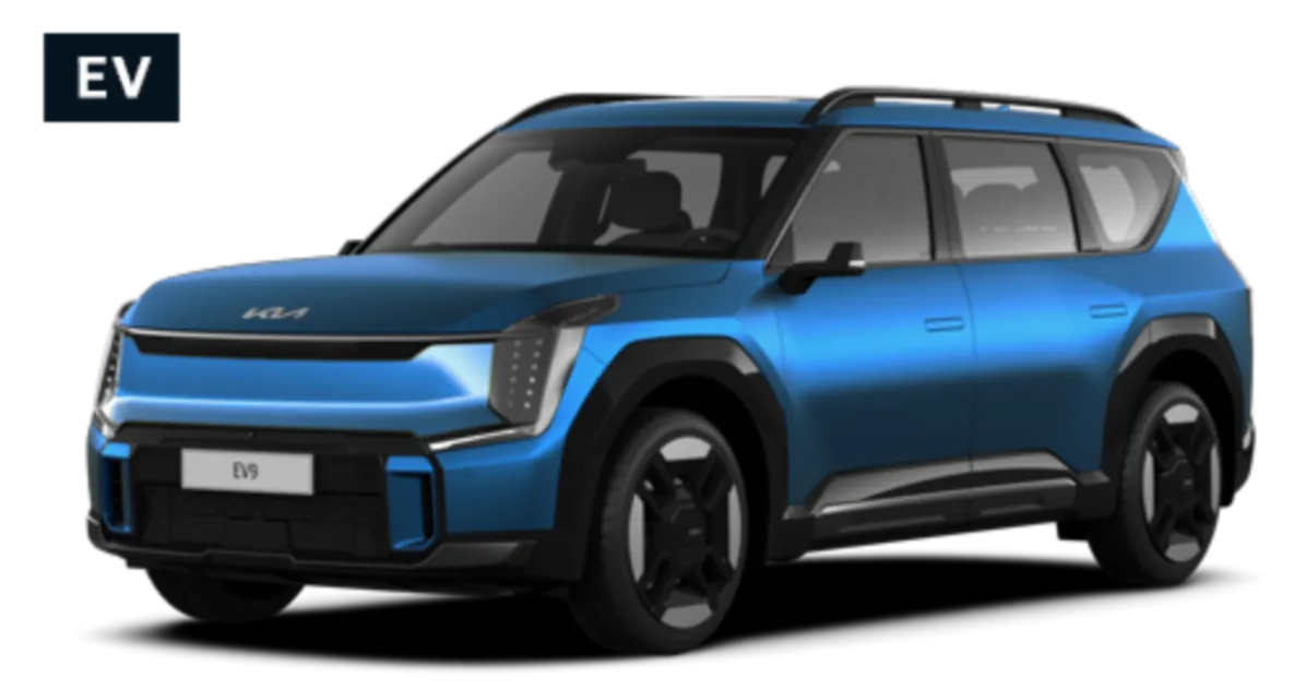 Kia EV9 elétrico azul, vista frontal lateral, fotografia de catálogo automotivo
