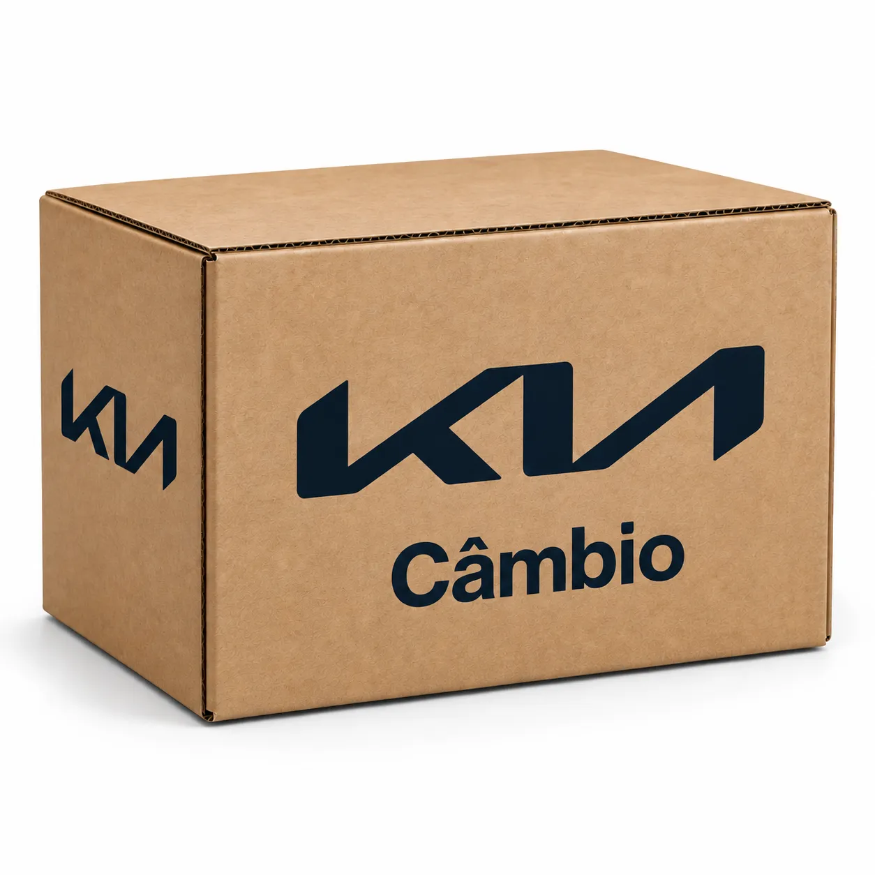 Caixa de papelão kraft Kia original com logotipo da marca e etiqueta 'Câmbio', fotografia de produto em fundo branco, still life industrial