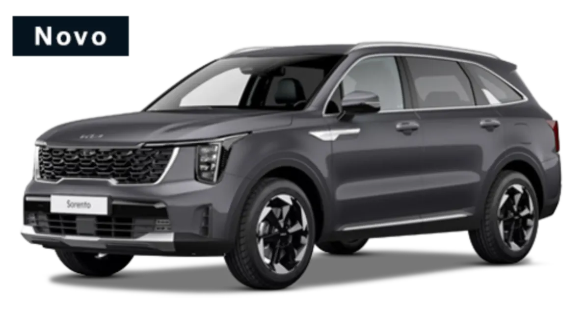 Kia Sorento cinza grafite, vista frontal lateral, fotografia de catálogo automotivo