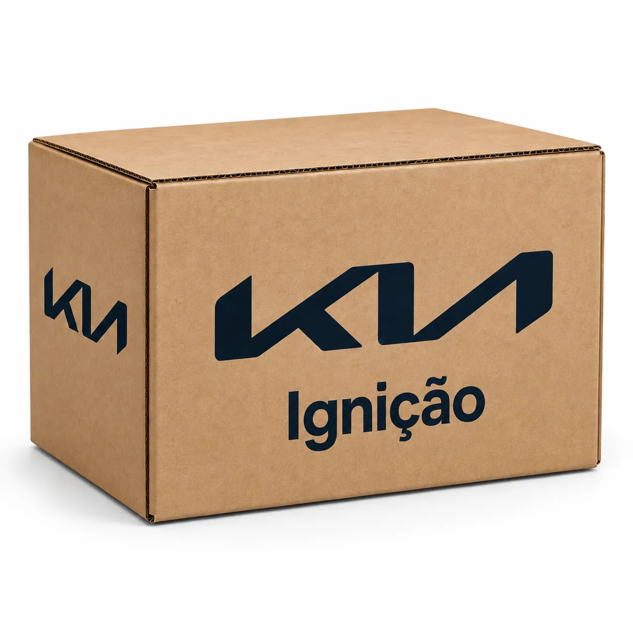 Caixa de papelão kraft Kia original com logotipo da marca e etiqueta 'Ignição', fotografia de produto em fundo branco, still life industrial