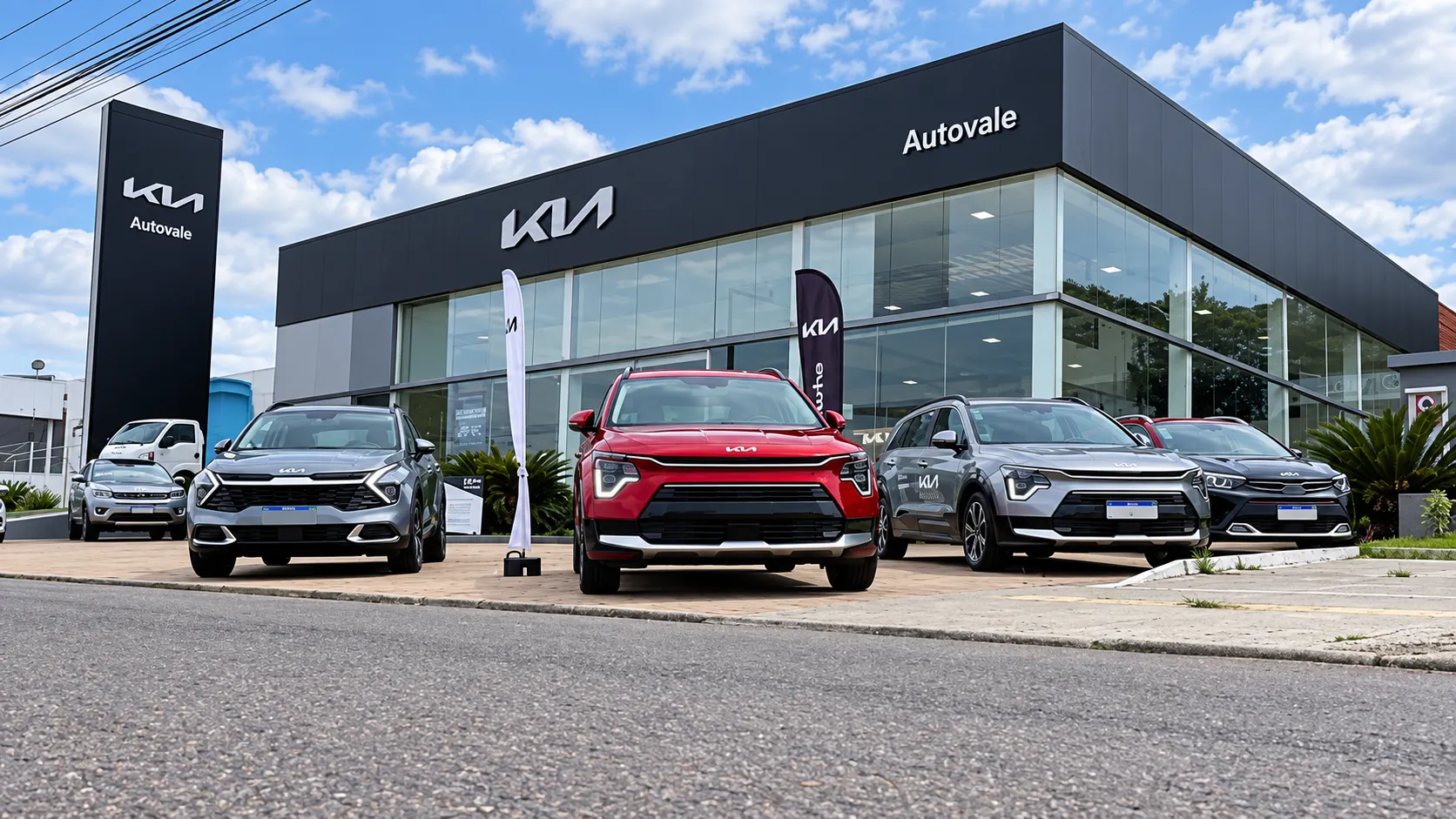 Fachada de concessionária Kia moderna, prédio com painel preto, logotipo Kia e vitrines de vidro, SUVs expostos na frente, céu azul, fotografia arquitetônica realista